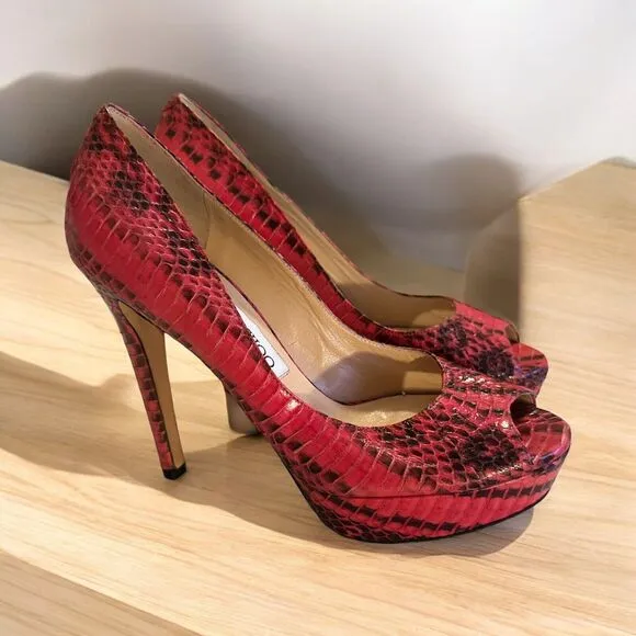 JIMMY CHOO Black Lizard Platform Pumps Peep Toe 5&quot; Stiletto Size EU 37