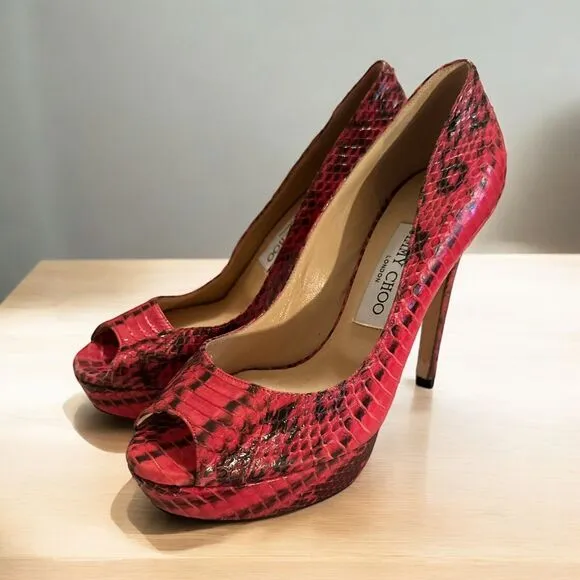 JIMMY CHOO Black Lizard Platform Pumps Peep Toe 5&quot; Stiletto Size EU 37