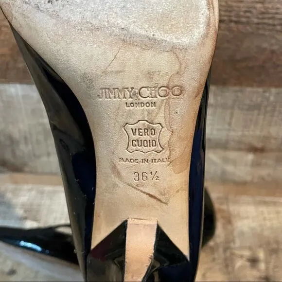 Jimmy Choo Black Patent Leather Heels Pumps Shoes Pointed Toe Size 36.5 6.5