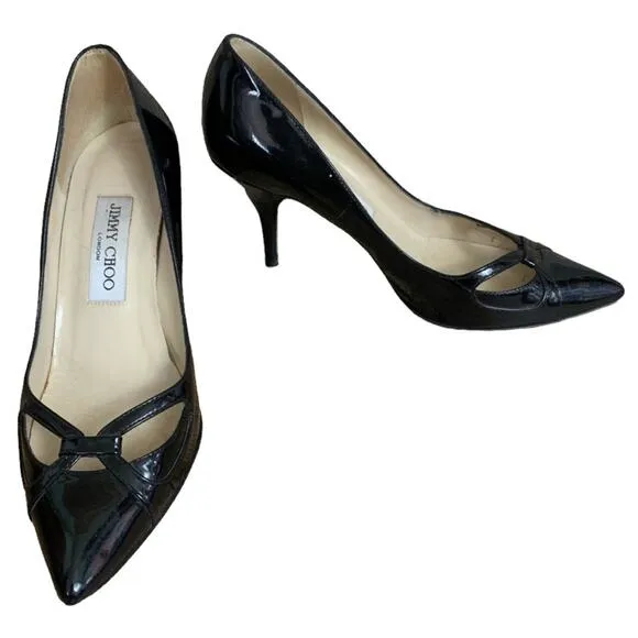 Jimmy Choo Black Patent Leather Heels Pumps Shoes Pointed Toe Size 36.5 6.5