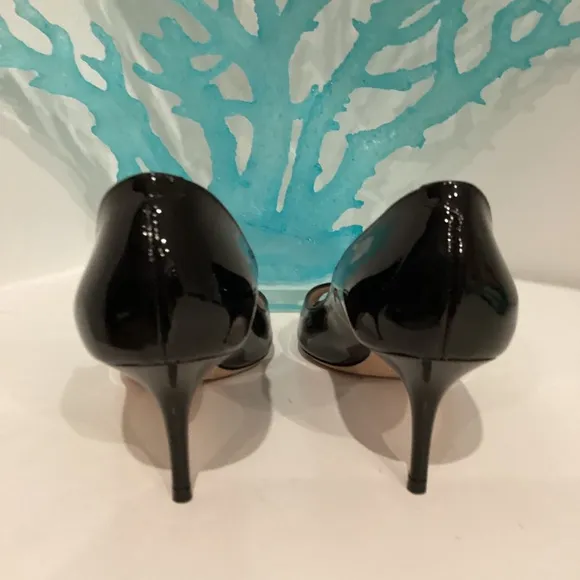 Jimmy Choo Black Patent Leather Peep Toe Stiletto Heels Size 37.5 US 7