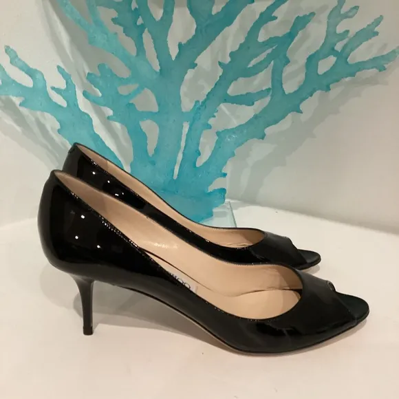 Jimmy Choo Black Patent Leather Peep Toe Stiletto Heels Size 37.5 US 7