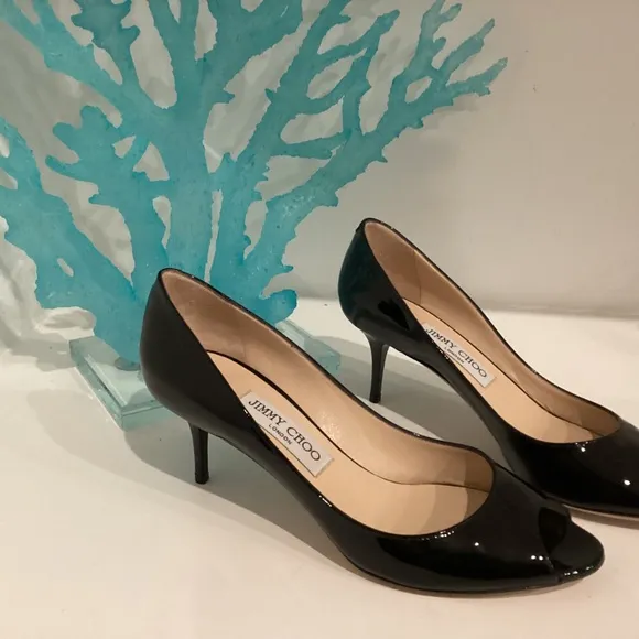 Jimmy Choo Black Patent Leather Peep Toe Stiletto Heels Size 37.5 US 7