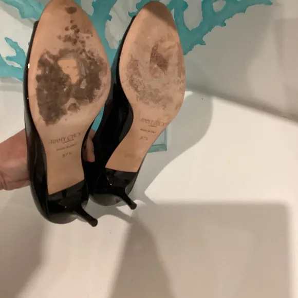 Jimmy Choo Black Patent Leather Peep Toe Stiletto Heels Size 37.5 US 7
