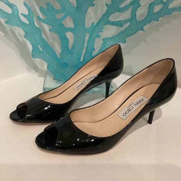 Jimmy Choo Black Patent Leather Peep Toe Stiletto Heels Size 37.5 US 7