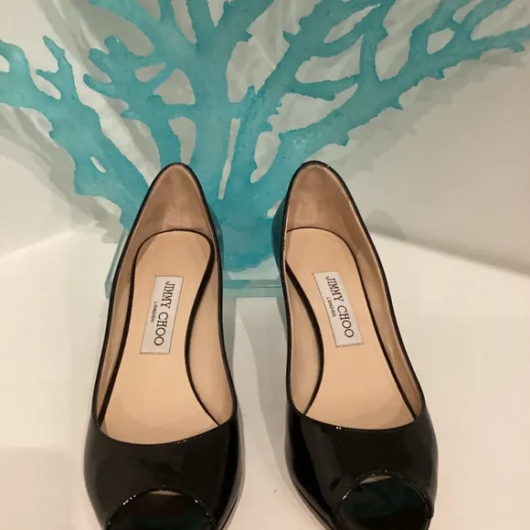 Jimmy Choo Black Patent Leather Peep Toe Stiletto Heels Size 37.5 US 7