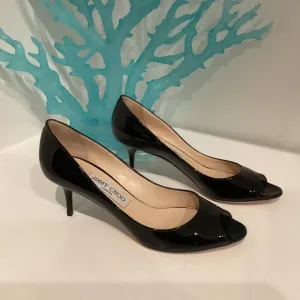 Jimmy Choo Black Patent Leather Peep Toe Stiletto Heels Size 37.5 US 7