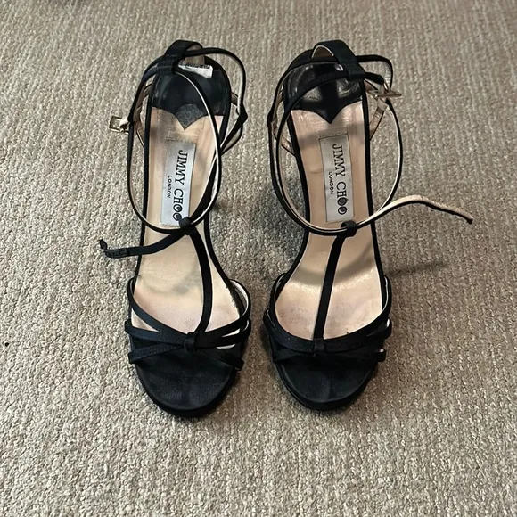 Jimmy Choo black satin heel sandals size 37