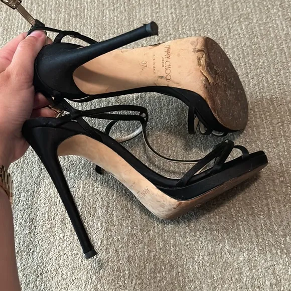 Jimmy Choo black satin heel sandals size 37