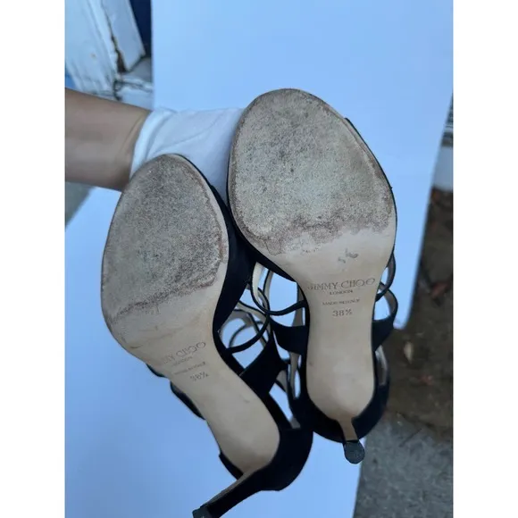 Jimmy Choo Black Suede London ren 85 Leather Cage Heels Size 38.5 US size 8.5