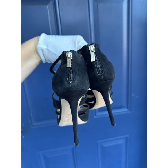 Jimmy Choo Black Suede London ren 85 Leather Cage Heels Size 38.5 US size 8.5