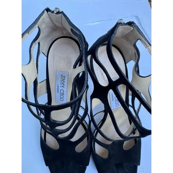 Jimmy Choo Black Suede London ren 85 Leather Cage Heels Size 38.5 US size 8.5