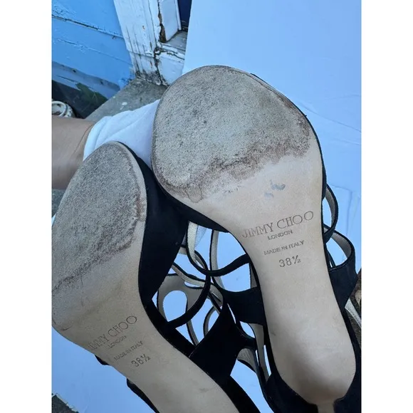 Jimmy Choo Black Suede London ren 85 Leather Cage Heels Size 38.5 US size 8.5