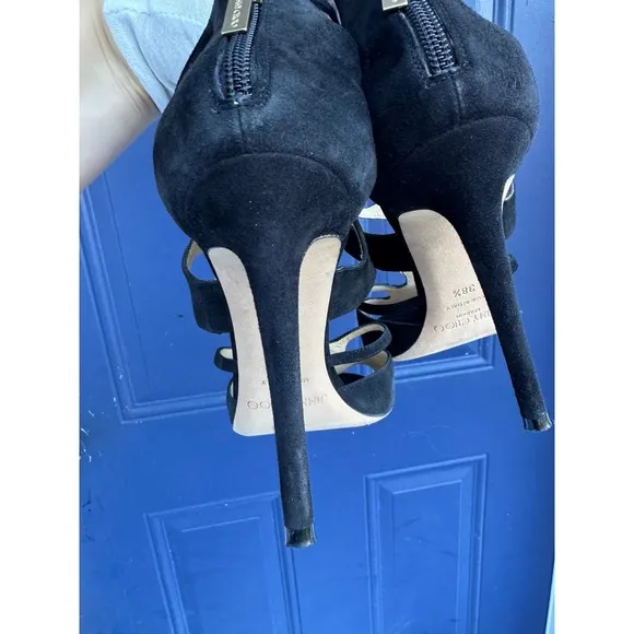 Jimmy Choo Black Suede London ren 85 Leather Cage Heels Size 38.5 US size 8.5