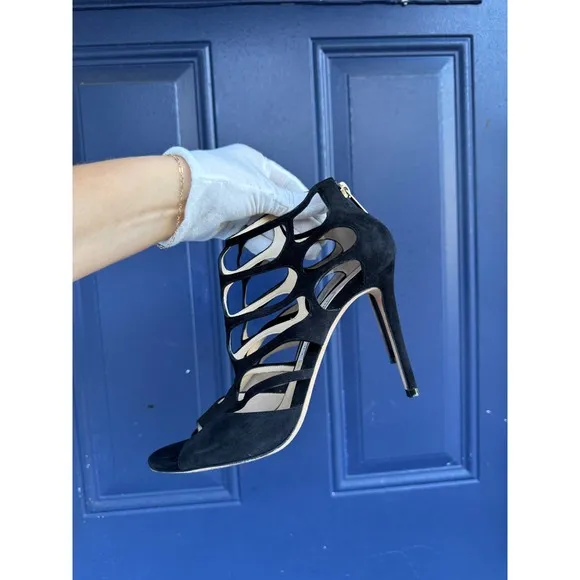 Jimmy Choo Black Suede London ren 85 Leather Cage Heels Size 38.5 US size 8.5