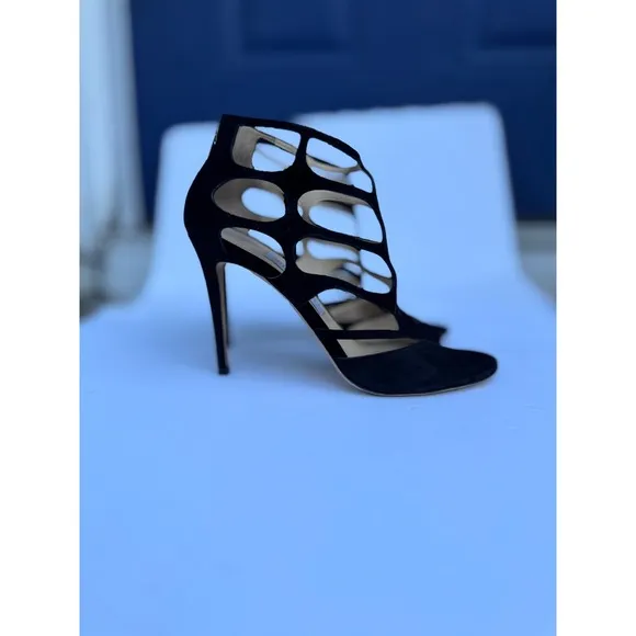 Jimmy Choo Black Suede London ren 85 Leather Cage Heels Size 38.5 US size 8.5