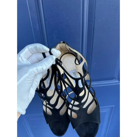 Jimmy Choo Black Suede London ren 85 Leather Cage Heels Size 38.5 US size 8.5