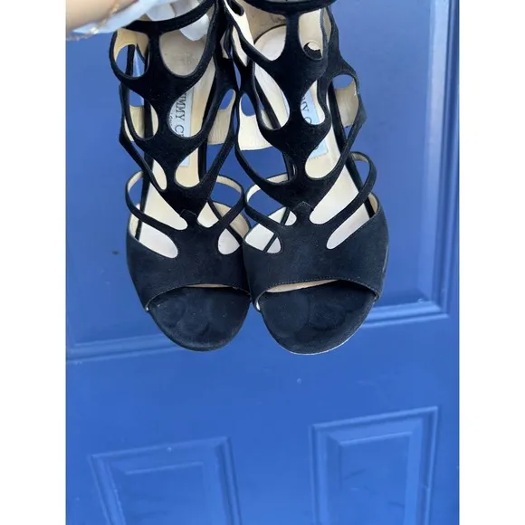 Jimmy Choo Black Suede London ren 85 Leather Cage Heels Size 38.5 US size 8.5