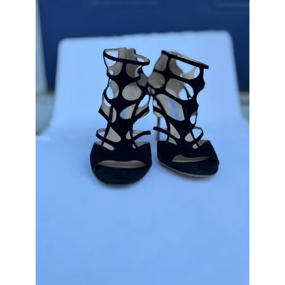 Jimmy Choo Black Suede London ren 85 Leather Cage Heels Size 38.5 US size 8.5