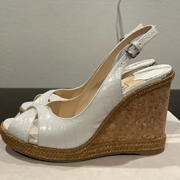 JIMMY CHOO Cork Braided Amely 105 Croc Wedge Sandals