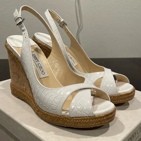 JIMMY CHOO Cork Braided Amely 105 Croc Wedge Sandals
