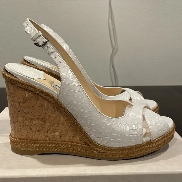 JIMMY CHOO Cork Braided Amely 105 Croc Wedge Sandals