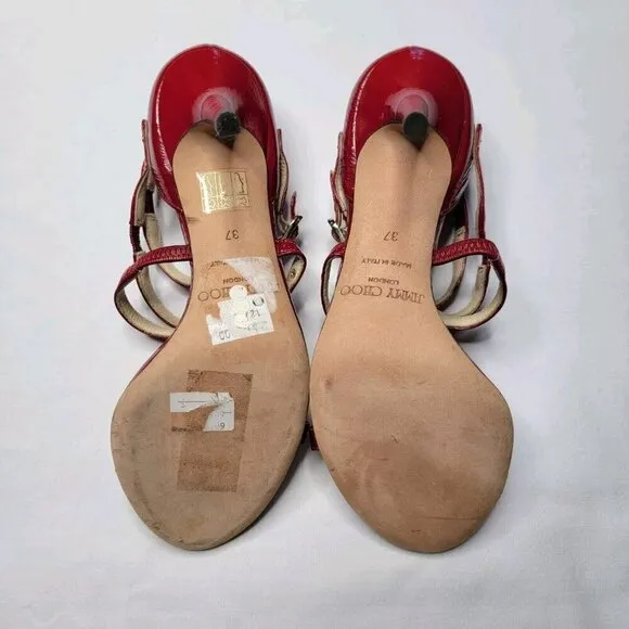 Jimmy Choo Emanuel Patent Leather Strappy Sandal Heels Shoes Crushed Red Sz 37