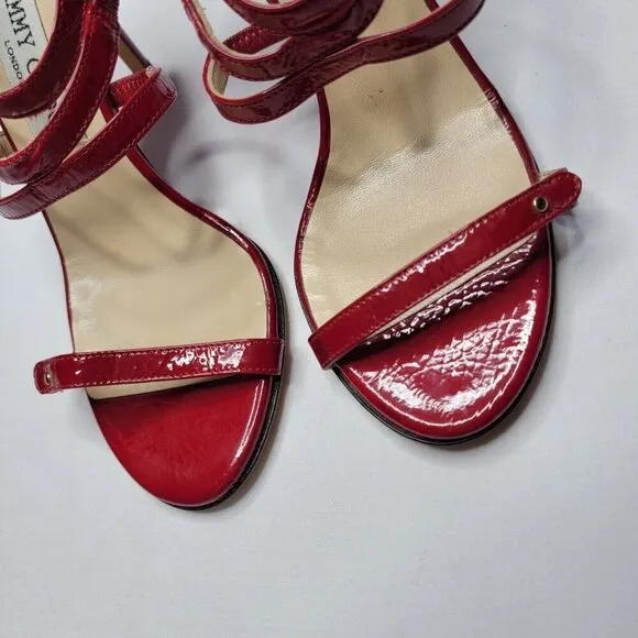 Jimmy Choo Emanuel Patent Leather Strappy Sandal Heels Shoes Crushed Red Sz 37