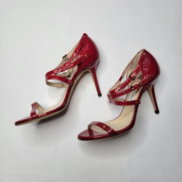 Jimmy Choo Emanuel Patent Leather Strappy Sandal Heels Shoes Crushed Red Sz 37