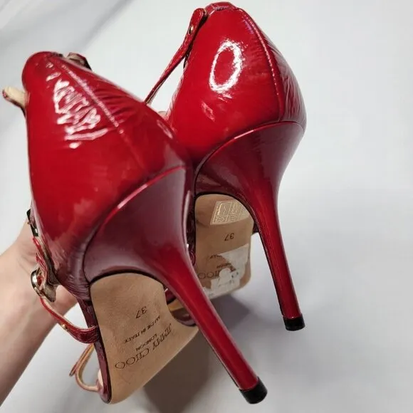 Jimmy Choo Emanuel Patent Leather Strappy Sandal Heels Shoes Crushed Red Sz 37