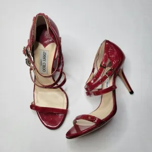 Jimmy Choo Emanuel Patent Leather Strappy Sandal Heels Shoes Crushed Red Sz 37