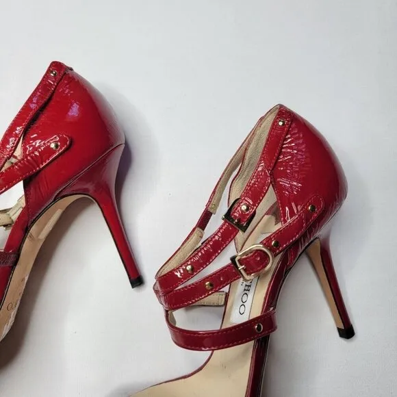 Jimmy Choo Emanuel Patent Leather Strappy Sandal Heels Shoes Crushed Red Sz 37