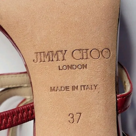 Jimmy Choo Emanuel Patent Leather Strappy Sandal Heels Shoes Crushed Red Sz 37