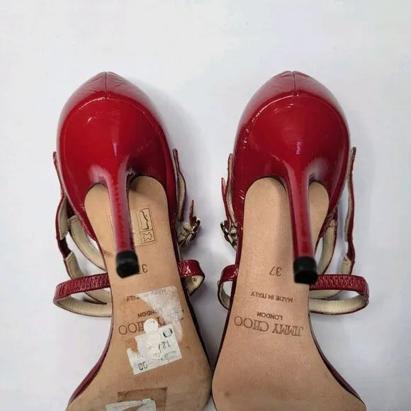 Jimmy Choo Emanuel Patent Leather Strappy Sandal Heels Shoes Crushed Red Sz 37