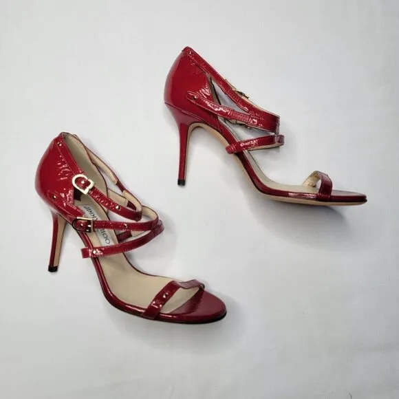 Jimmy Choo Emanuel Patent Leather Strappy Sandal Heels Shoes Crushed Red Sz 37