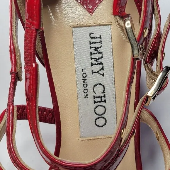 Jimmy Choo Emanuel Patent Leather Strappy Sandal Heels Shoes Crushed Red Sz 37