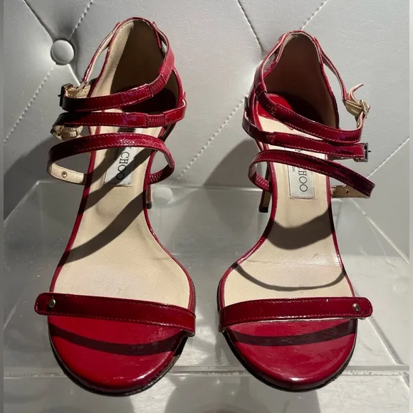 Jimmy CHoo emanuele patent leather strappy sandal heels shoes crushed red sz 40