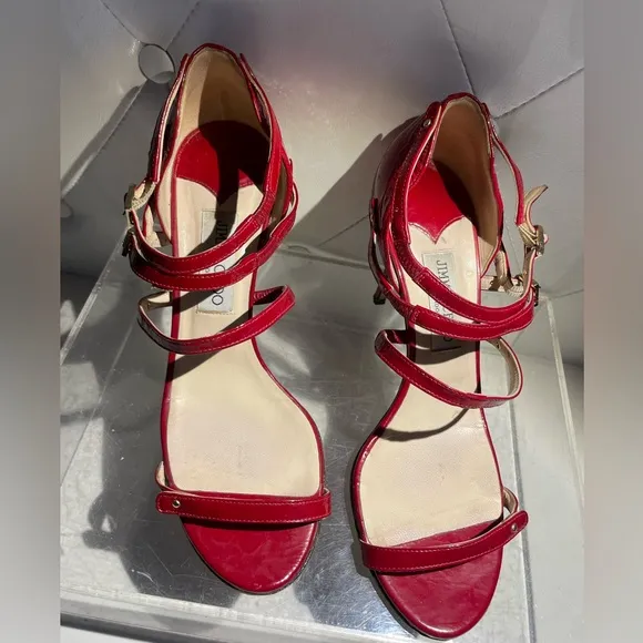 Jimmy CHoo emanuele patent leather strappy sandal heels shoes crushed red sz 40