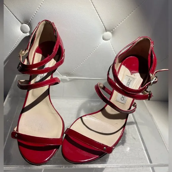 Jimmy CHoo emanuele patent leather strappy sandal heels shoes crushed red sz 40