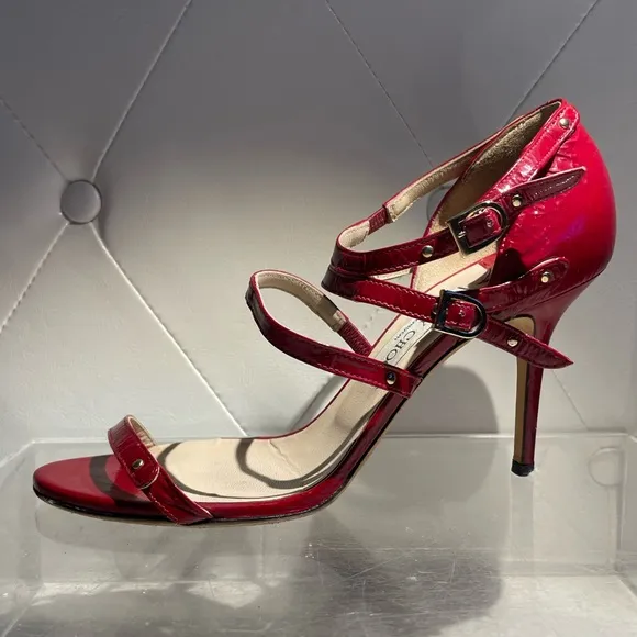 Jimmy CHoo emanuele patent leather strappy sandal heels shoes crushed red sz 40