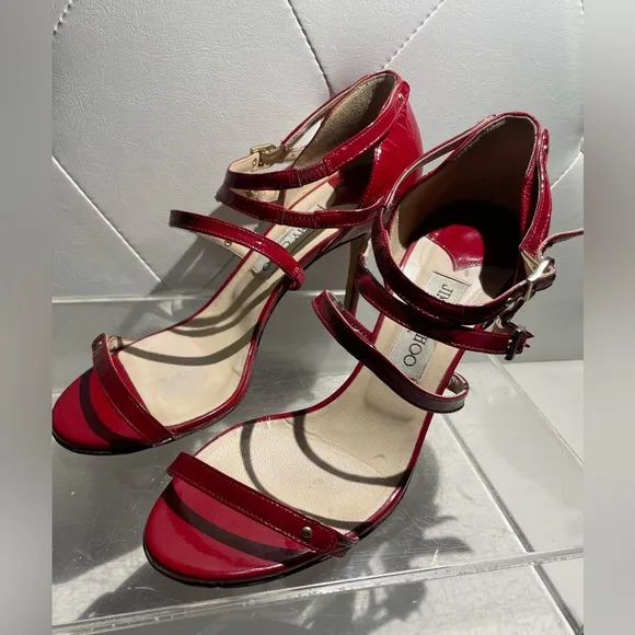 Jimmy CHoo emanuele patent leather strappy sandal heels shoes crushed red sz 40