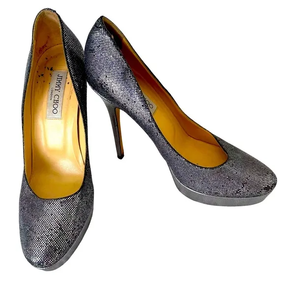 Jimmy Choo Eros Silver Metallic Sparkle Platform Pumps Heels EU 40 US si…