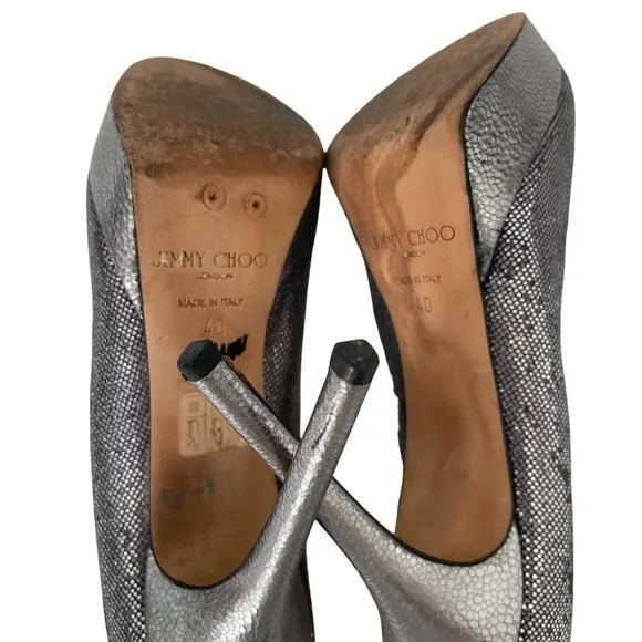 Jimmy Choo Eros Silver Metallic Sparkle Platform Pumps Heels EU 40 US si…
