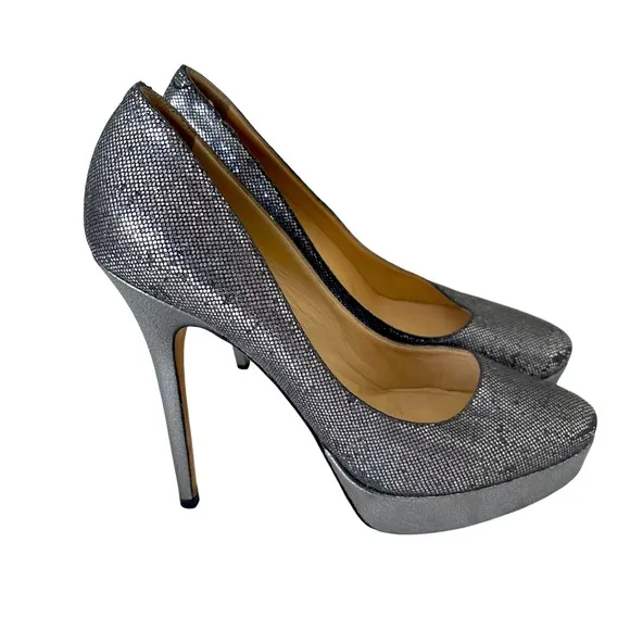 Jimmy Choo Eros Silver Metallic Sparkle Platform Pumps Heels EU 40 US si…