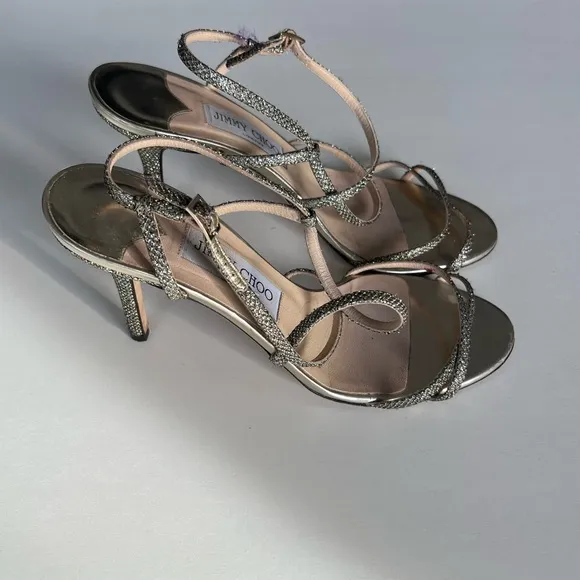 Jimmy Choo Gold Glitter Lame Elaine Strappy Sandals Size 39 High heels