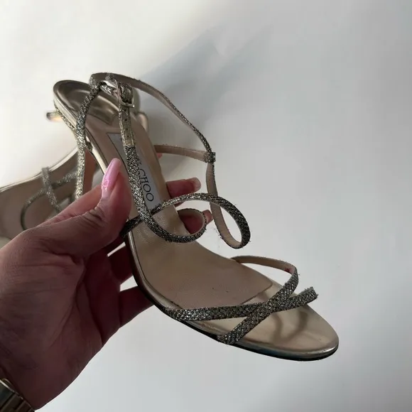 Jimmy Choo Gold Glitter Lame Elaine Strappy Sandals Size 39 High heels