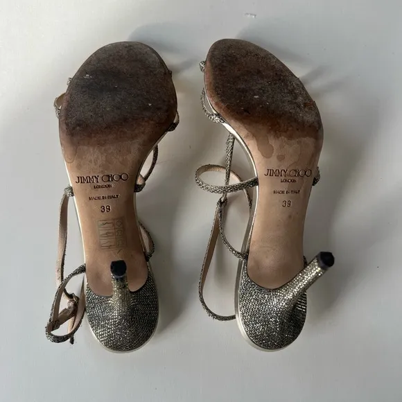 Jimmy Choo Gold Glitter Lame Elaine Strappy Sandals Size 39 High heels