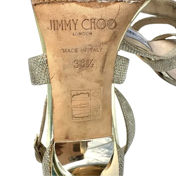 Jimmy Choo Gold Glitter Louise Strappy Stiletto Heel Sandals Women’s Size 38.5