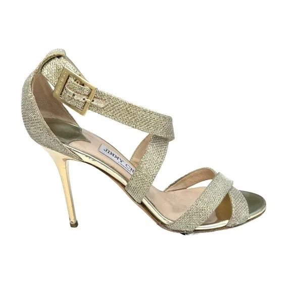 Jimmy Choo Gold Glitter Louise Strappy Stiletto Heel Sandals Women’s Size 38.5