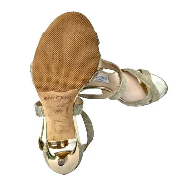 Jimmy Choo Gold Glitter Louise Strappy Stiletto Heel Sandals Women’s Size 38.5